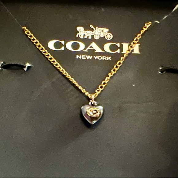 Coach Dainty Gunmetal Puffed Heart Necklace with Gold Signature C - Picture 2 of 5